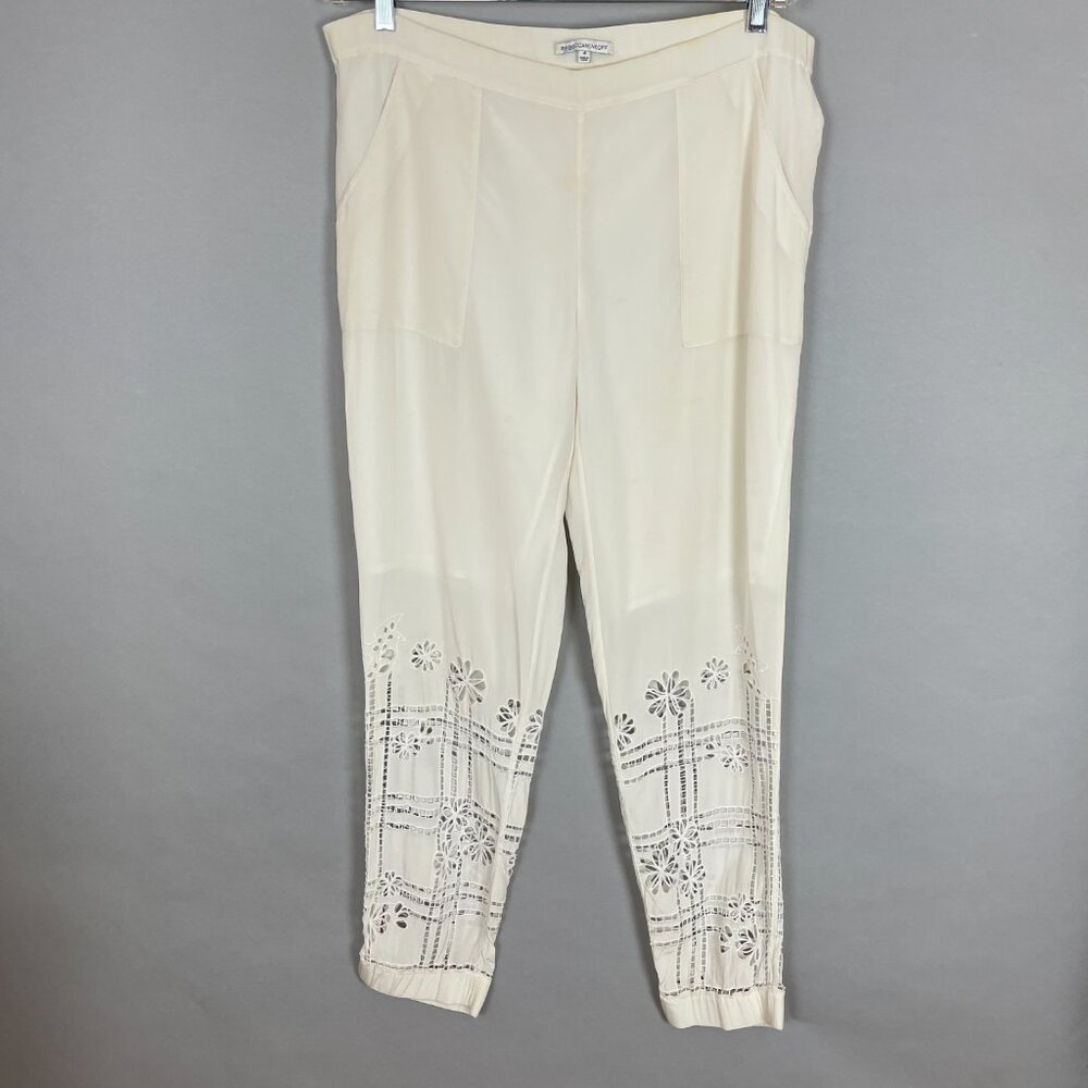 Rebecca Minkoff Silk Pants FLAWS Lace Cut-Outs Elastic Waistband‎ White Cropped